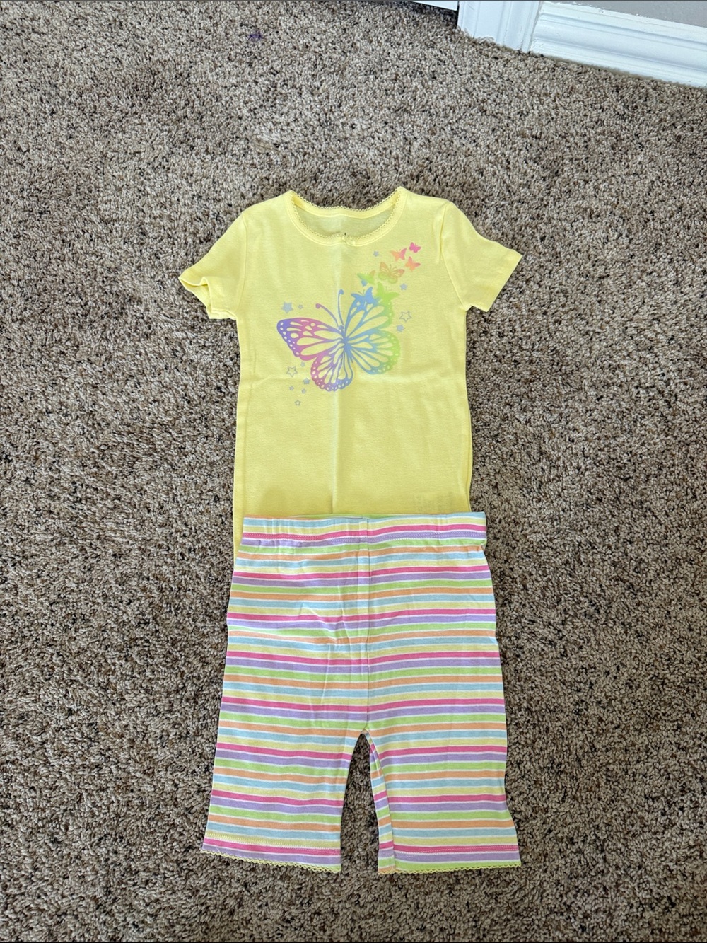 Girl's Yellow Butterfly Short Sleeve Pajama Set with Pastel Striped Shorts